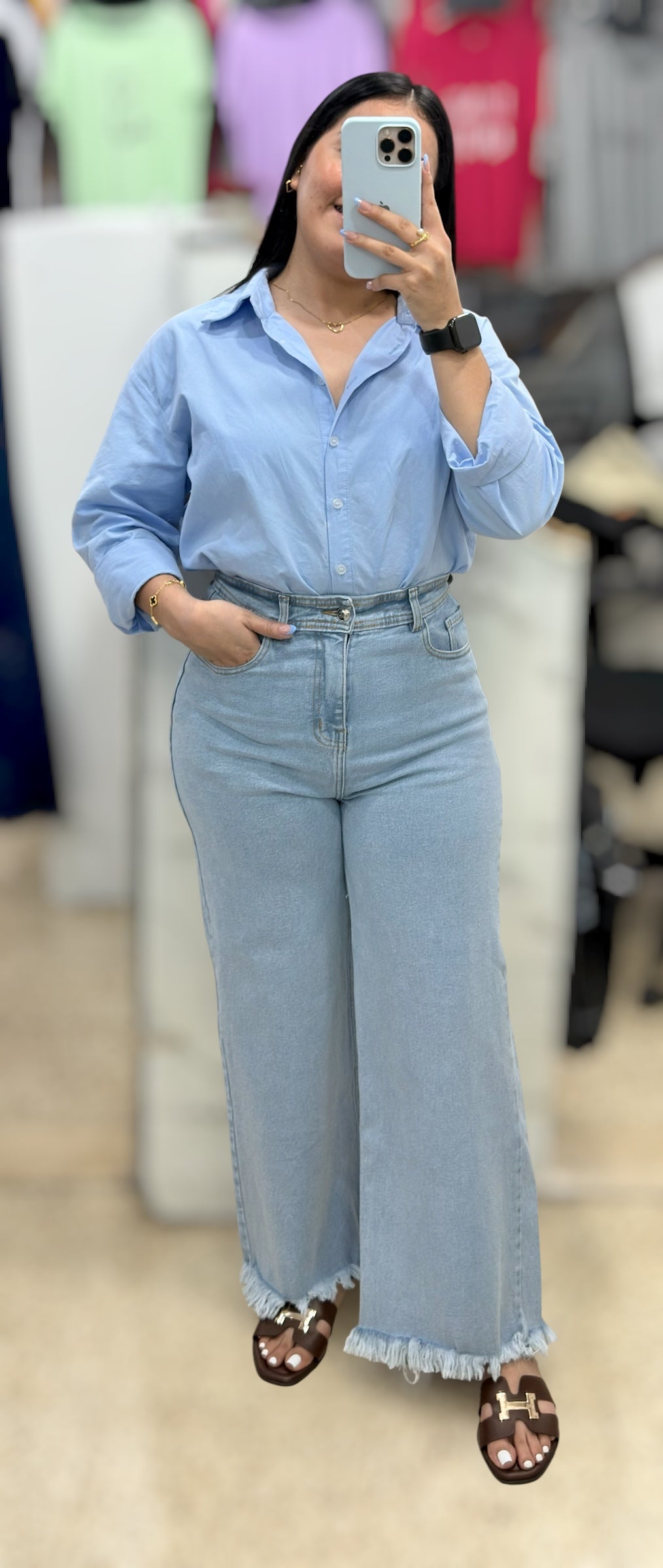 WIDE LEG PETITE DESILACHADO/ TONO CELESTE