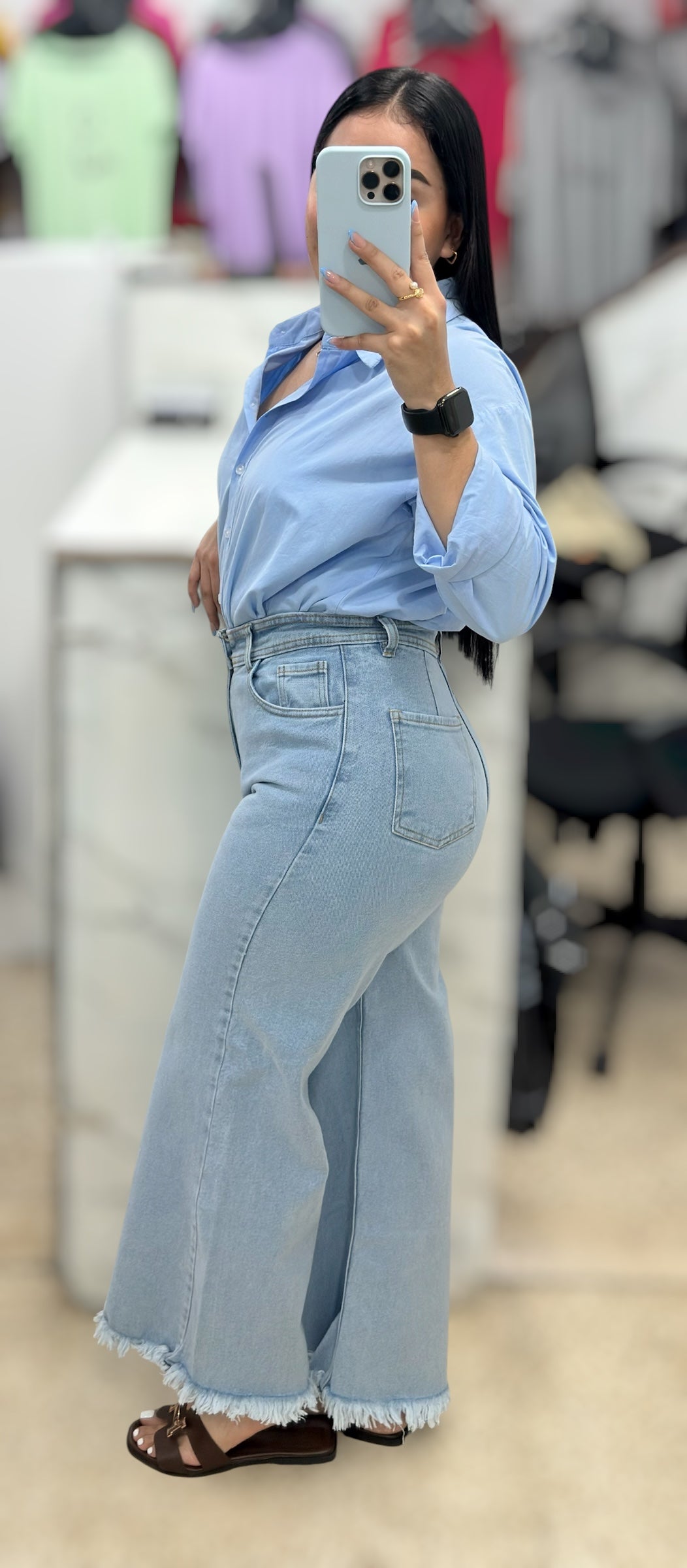 WIDE LEG PETITE DESILACHADO/ TONO CELESTE