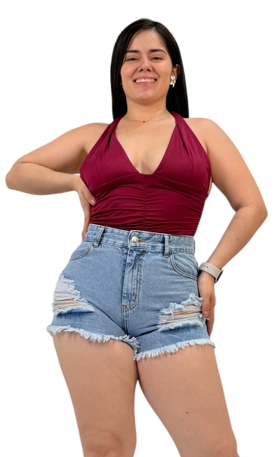 SHORT DESILACHADO RÍGIDO/ TONO CELESTE CON HUECO