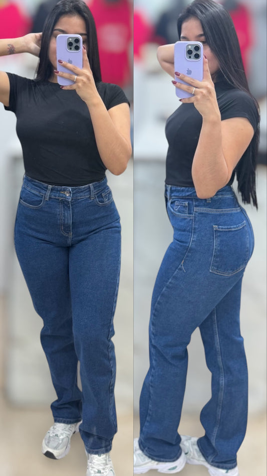 MOM JEANS CONFORT LARGO/ TONO AZUL LLANO