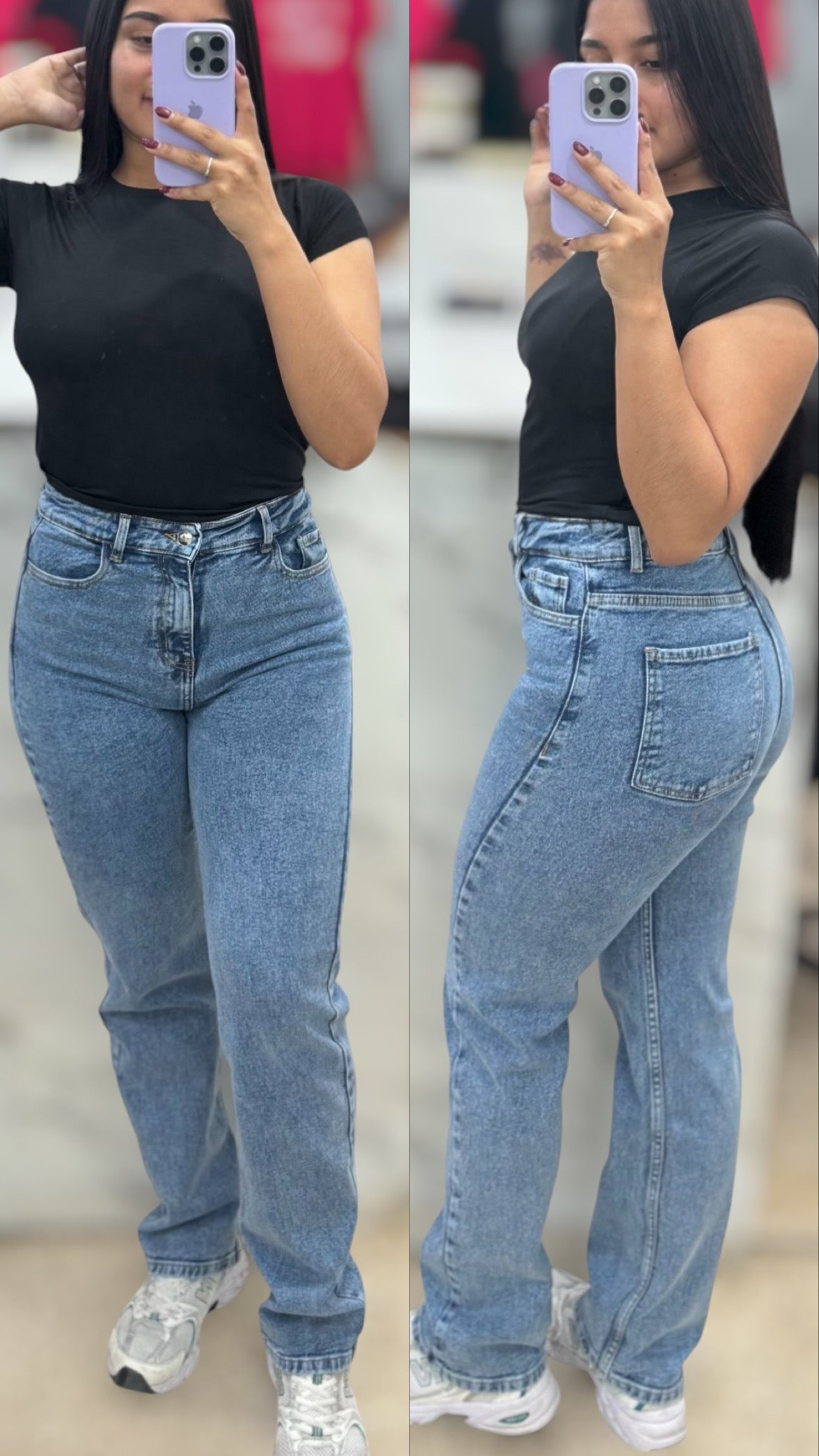 MOM JEANS CONFORT LARGO/ TONO AZUL PERLADO