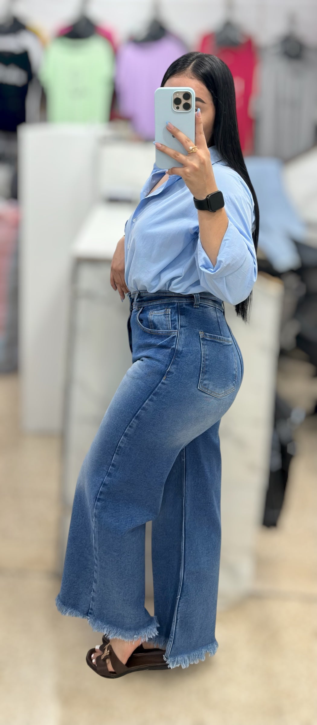 WIDE LEG PETITE DESILACHADO/ AZUL CON SPLASH